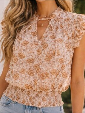 Joie Beige/Apricot Floral Chiffon Blouse Ruffle Smocked Flutter Sleeve (Size: M)